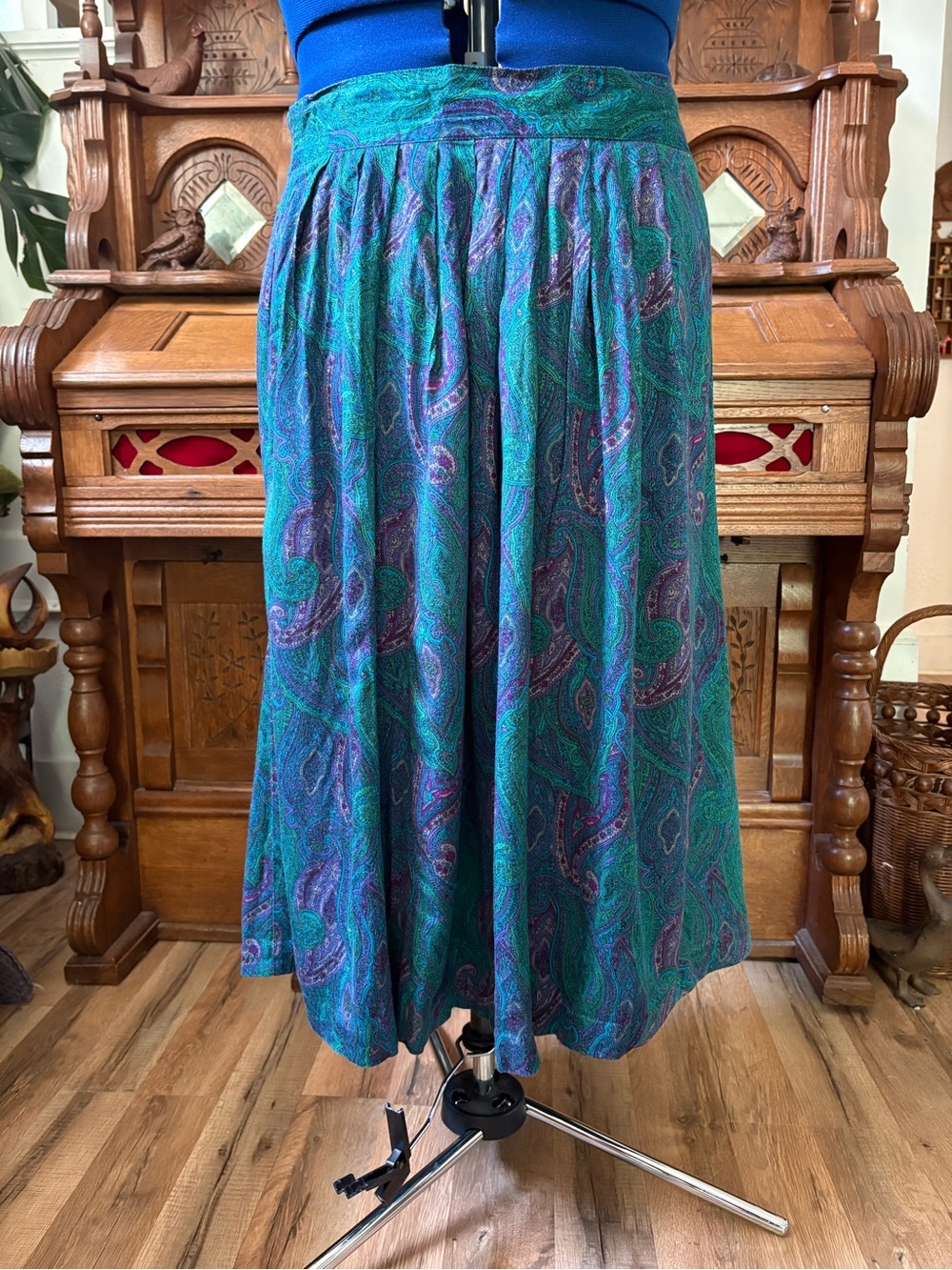 Retro Blue & Green Paisley Midi Skirt